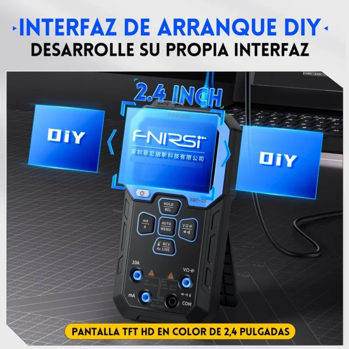 Multímetro digital inteligente FNIRSI DMT-99 con pantalla a color y cables de prueba para diagnóstico automotriz.