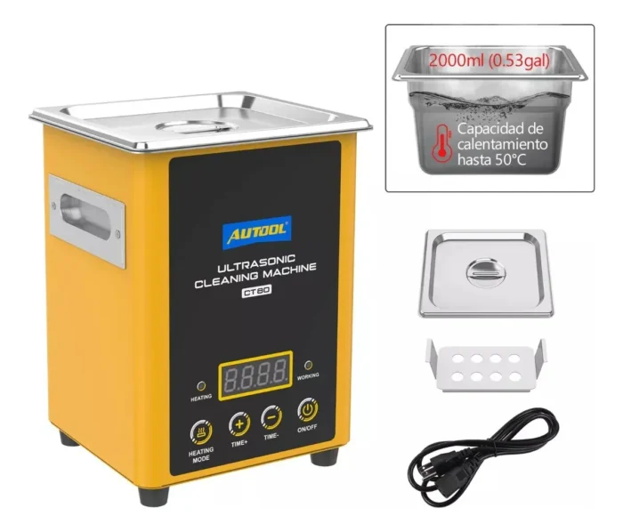 Máquina limpiadora de ultrasonido digital AUTOOL CT80 de 2 litros con calentador y accesorios.