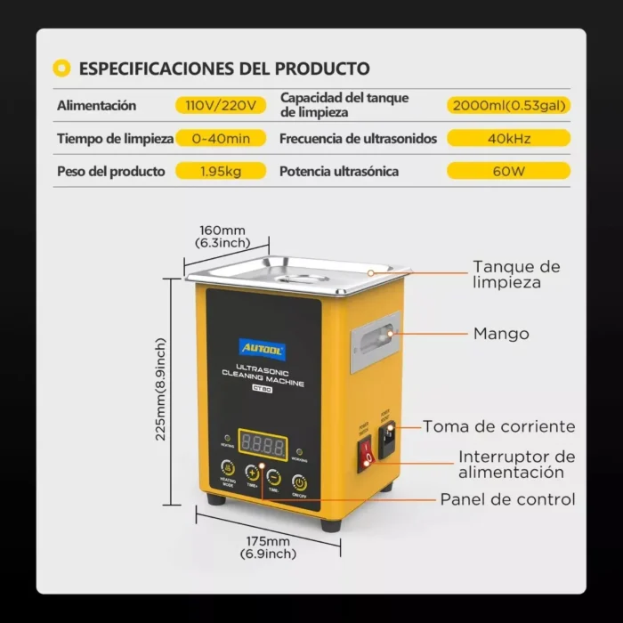 Máquina limpiadora de ultrasonido digital AUTOOL CT80 de 2 litros con calentador y accesorios.