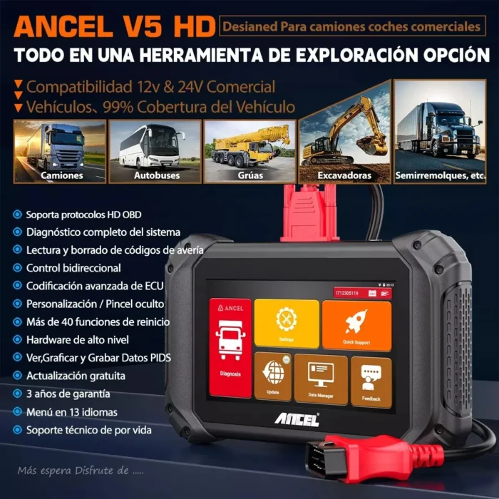 Escáner automotriz Ancel V5 HD diagnóstico camiones y maquinaria pesada