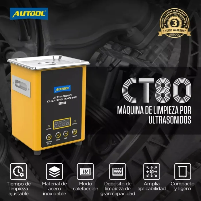Máquina limpiadora de ultrasonido digital AUTOOL CT80 de 2 litros con calentador y accesorios.