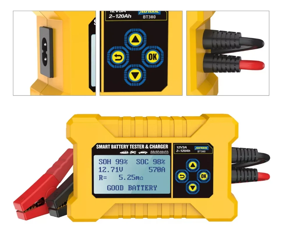 Probador y cargador inteligente de baterías Autool BT380 mostrando pantalla LCD y conexiones