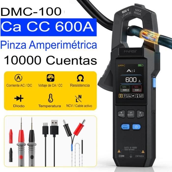 Pinza amperimétrica digital inteligente FNIRSI DMC-100 de 600A con pantalla a color, puntas de prueba y termopar.
