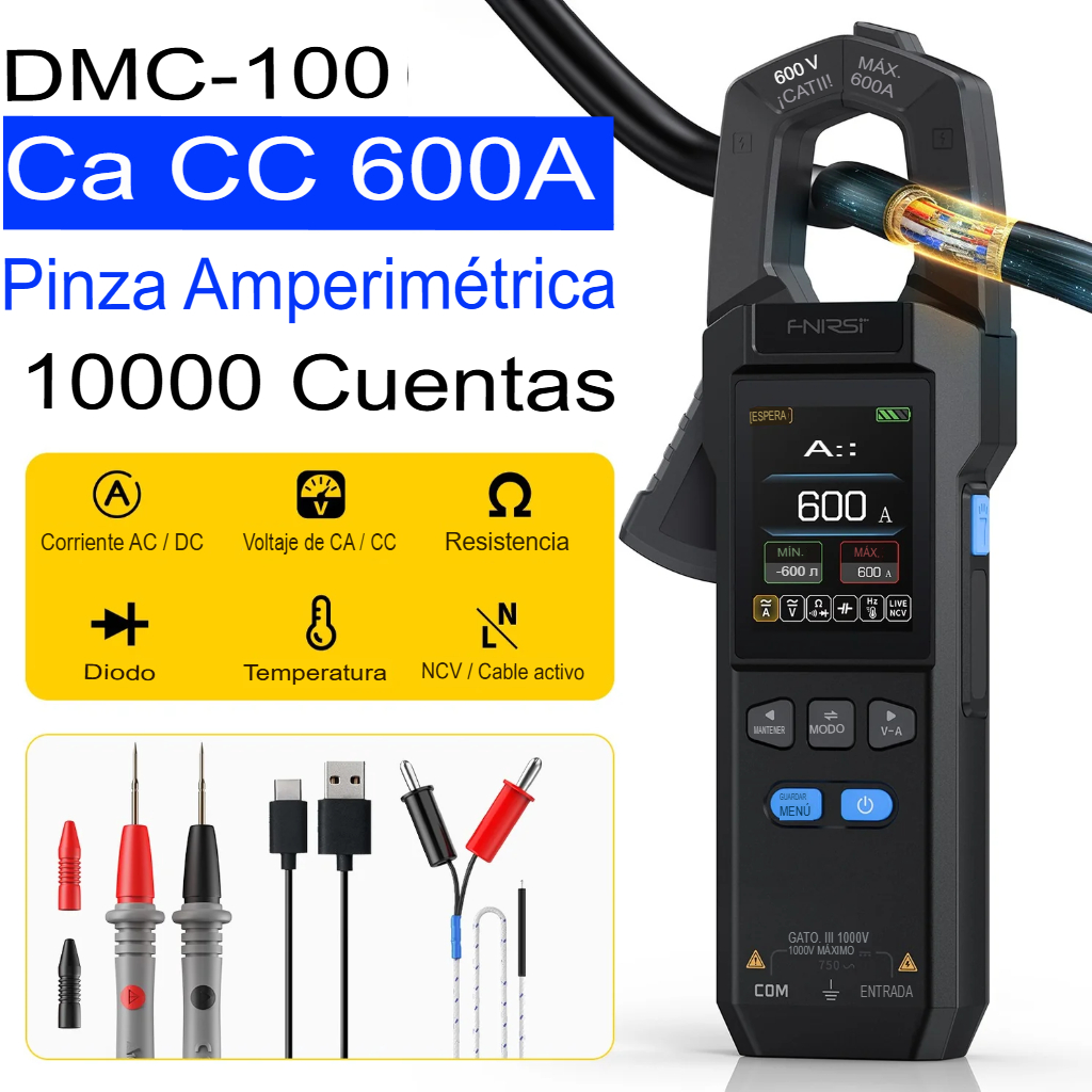 Pinza amperimétrica digital inteligente FNIRSI DMC-100 de 600A con pantalla a color, puntas de prueba y termopar.