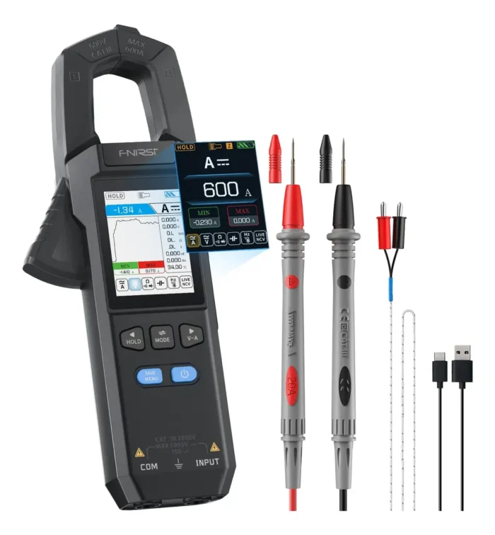 Pinza amperimétrica digital inteligente FNIRSI DMC-100 de 600A con pantalla a color, puntas de prueba y termopar.