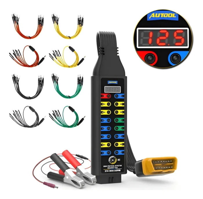 Caja de desconexión Breakout Box OBD2 AUTOOL MMT496 con pantalla digital de voltaje, conectores y juego de cables puente de colores