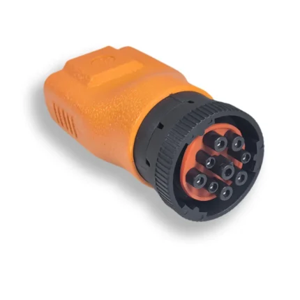 Conector adaptador rígido naranja Diésel de 9 pines para diagnóstico de camiones y gandolas.