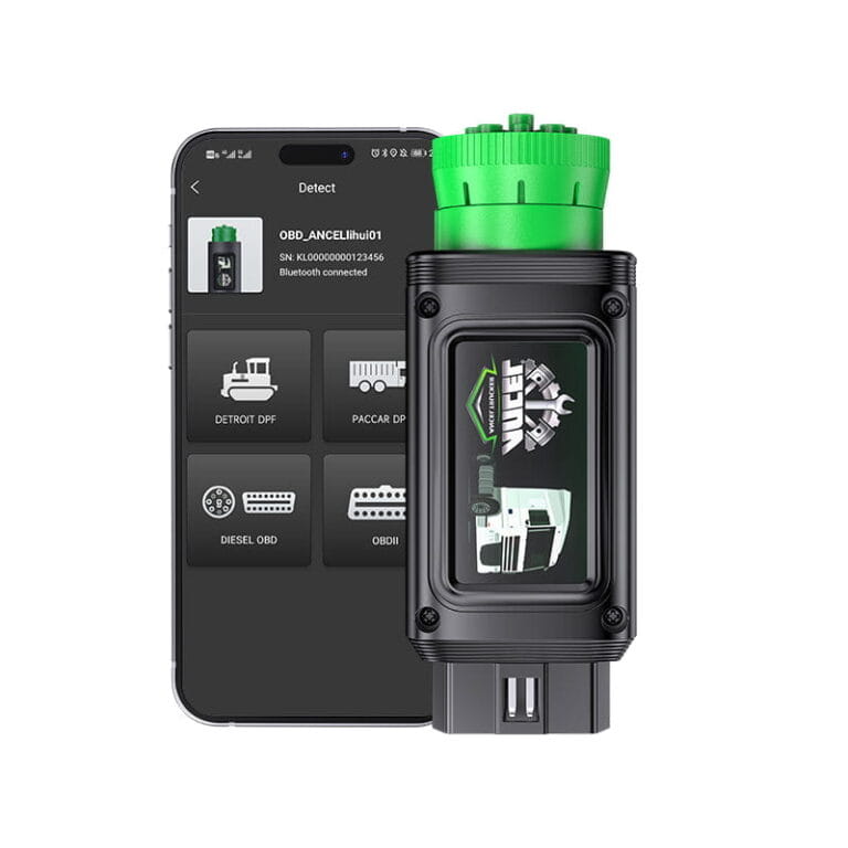Escáner Bluetooth Ancel HD100 con doble conector de 9 y 16 pines para diagnóstico automotriz y camiones desde el celular.