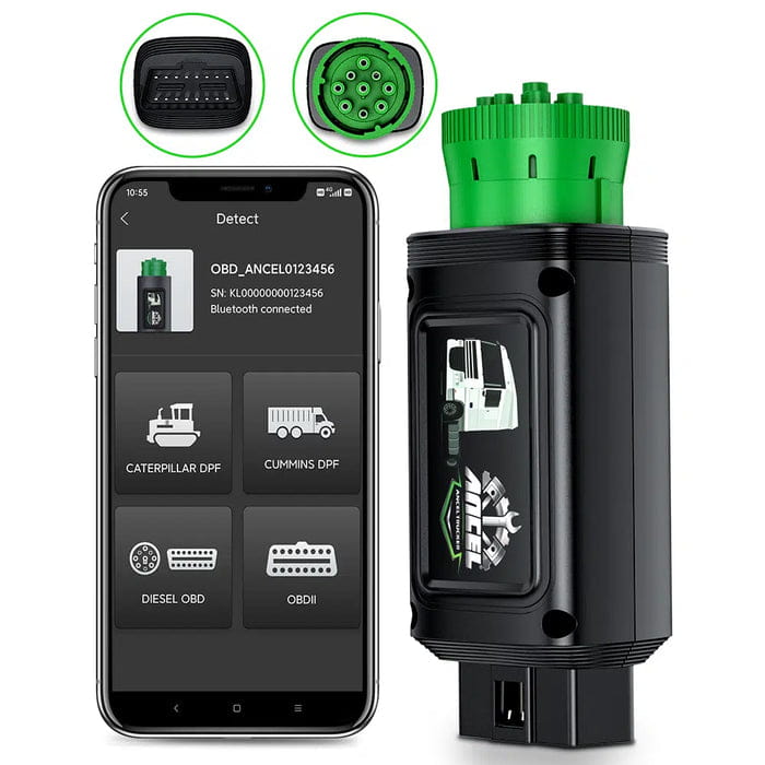 El poder del diagnóstico diésel profesional en la palma de tu mano. El Ancel HD100 es un innovador escáner inalámbrico Bluetooth que transforma tu smartphone (iOS o Android) en una potente herramienta de diagnóstico para camiones, gandolas y maquinaria. Su diseño "Todo en Uno" integra tanto el conector verde de 9 pines (J1939) para vehículos pesados de 24V, como el puerto estándar de 16 pines (OBD2) para autos de 12V. Lee y borra códigos de todos los sistemas (Motor, ABS, Transmisión), muestra datos en vivo y permite realizar Regeneración Forzada del DPF en motores Cummins y Caterpillar. Inalámbrico y Práctico: Funciona vía Bluetooth a través de la App gratuita "ANCEL TRUCKER". Funciones de Agencia HD: Diagnóstico de sistemas completos y reseteos DPF/DPR. Híbrido (12V / 24V): Sirve tanto para tu auto particular como para flotas de carga pesada.