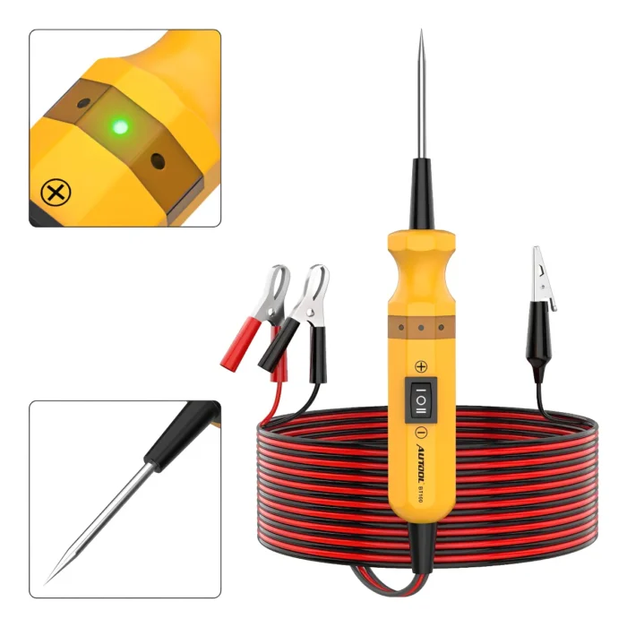 Probador de sistema eléctrico automotriz AUTOOL BT160 amarillo realizando diagnóstico con pinzas