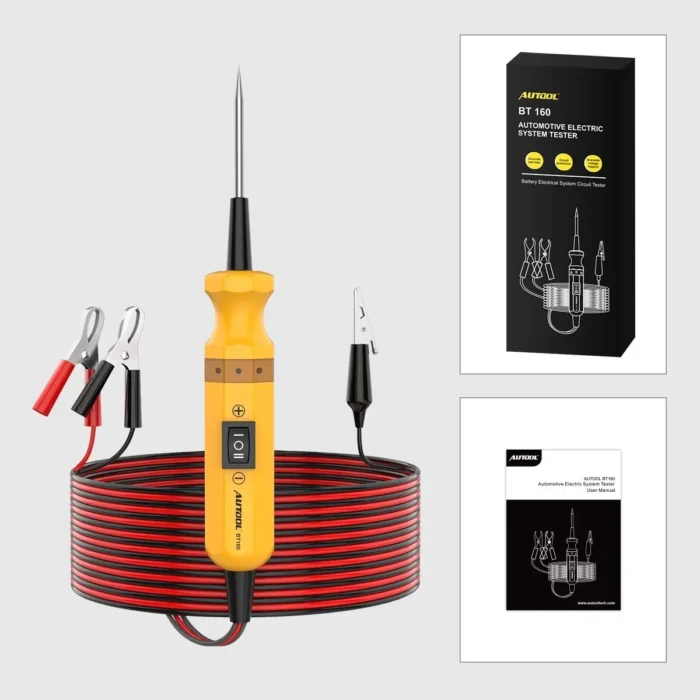 Probador de sistema eléctrico automotriz AUTOOL BT160 amarillo realizando diagnóstico con pinzas
