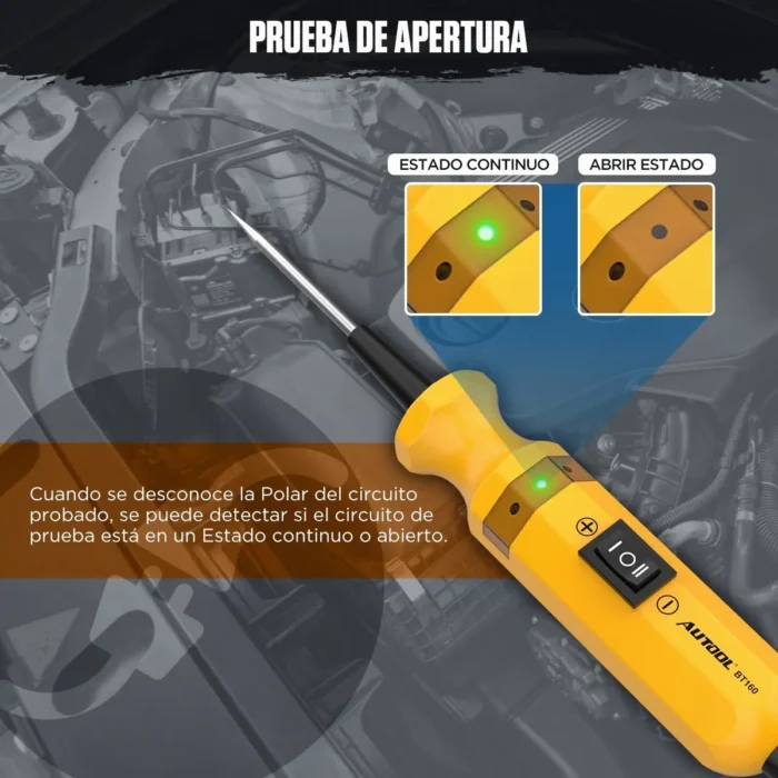 Probador de sistema eléctrico automotriz AUTOOL BT160 amarillo realizando diagnóstico con pinzas