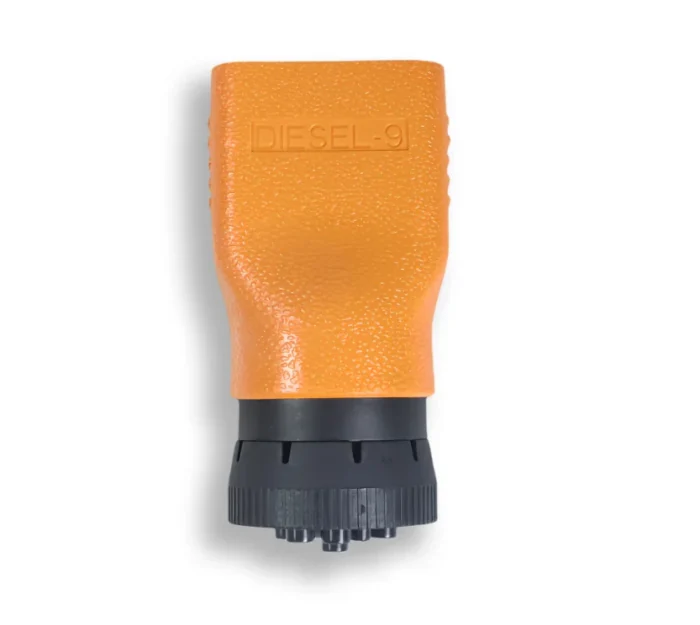 Conector adaptador rígido naranja Diésel de 9 pines para diagnóstico de camiones y gandolas.