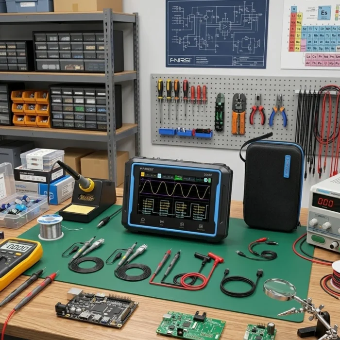 fnirsi osciloscopio tablet en uso en taller electronico