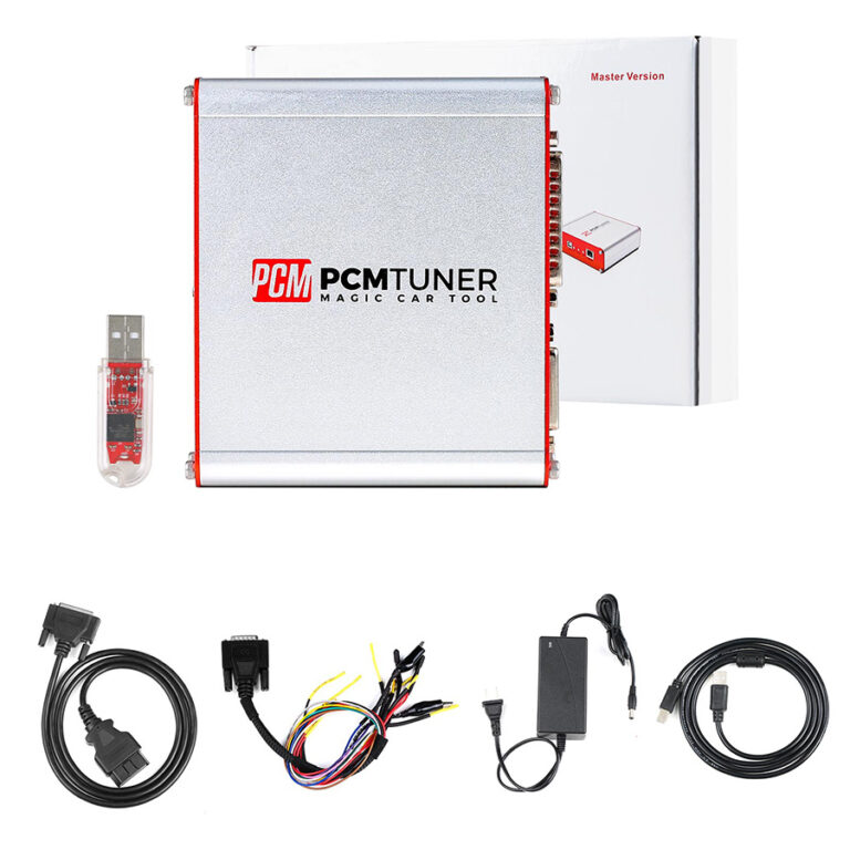 Kit completo del programador de ECU PCMTuner Magic Car Tool Master Version, incluye hardware de aluminio, dongle USB, fuente de alimentación y cableado OBD.