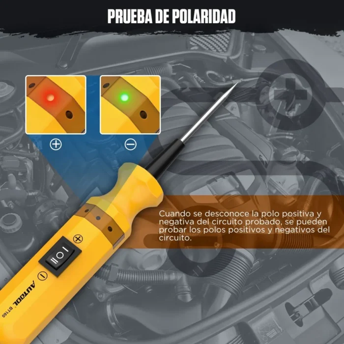 Probador de sistema eléctrico automotriz AUTOOL BT160 amarillo realizando diagnóstico con pinzas