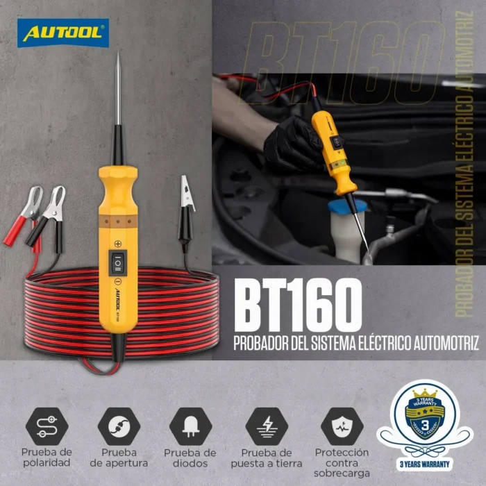 Probador de sistema eléctrico automotriz AUTOOL BT160 amarillo realizando diagnóstico con pinzas