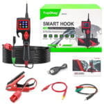 Kit completo del probador de circuitos automotriz TopDiag P200 Smart Hook mostrando pantalla a color, pinzas y manual.