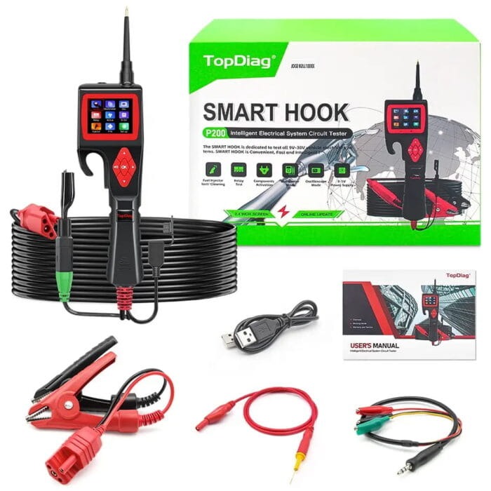 Kit completo del probador de circuitos automotriz TopDiag P200 Smart Hook mostrando pantalla a color, pinzas y manual.