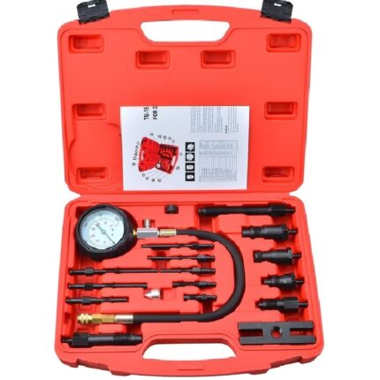 Kit manometro probador de compresion para motores diesel TU-15 con estuche rojo y adaptadores para inyectores y precalentadores