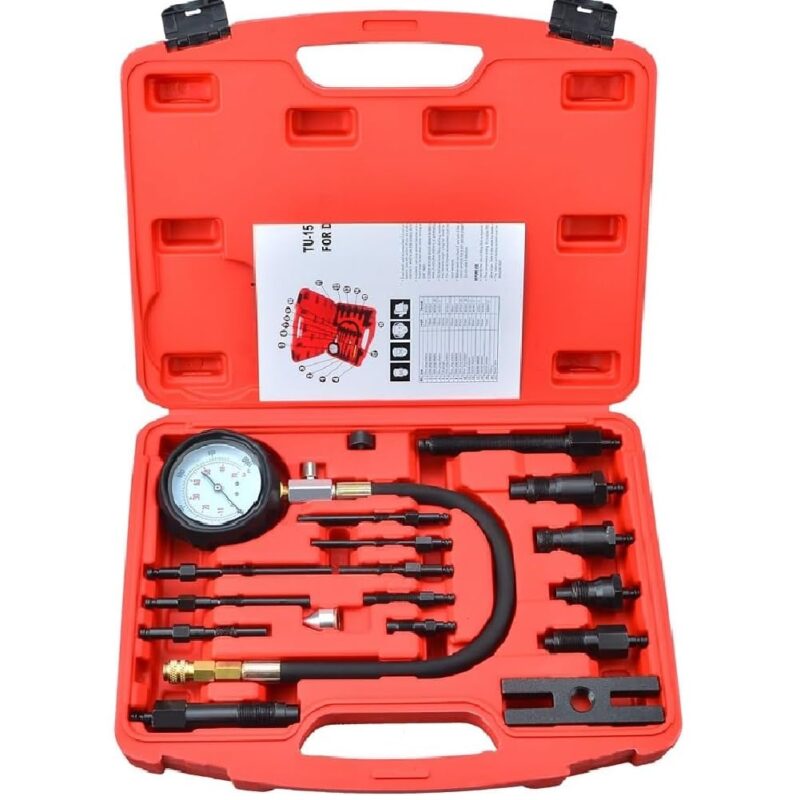 Kit manometro probador de compresion para motores diesel TU-15 con estuche rojo y adaptadores para inyectores y precalentadores