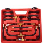 Maletín master rojo con manómetro, mangueras en T y acoples de bronce para probar la presión de la bomba de gasolin