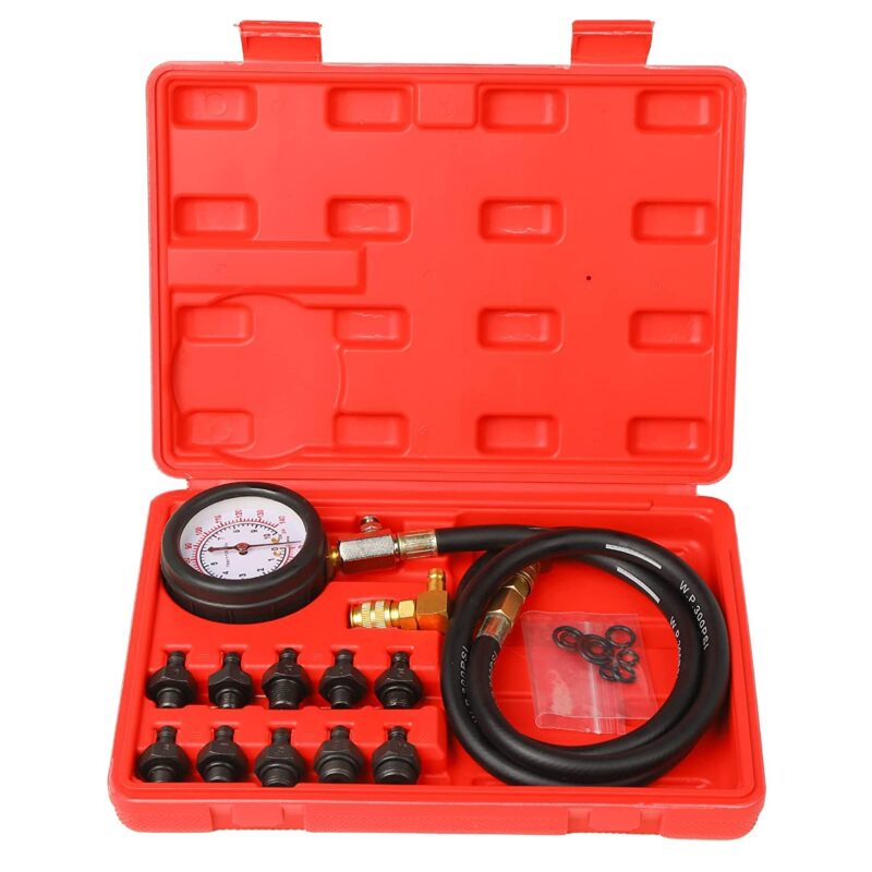 Maletín rojo con manómetro de 0 a 140 PSI y 10 adaptadores roscados para medir la presión de aceite del motor