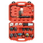 Maletín abierto del kit probador de presión de radiador de 18 piezas con bomba manual, termómetro y adaptadores universales a color