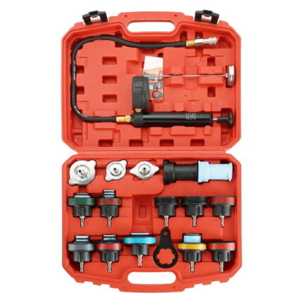 Maletín abierto del kit probador de presión de radiador de 18 piezas con bomba manual, termómetro y adaptadores universales a color