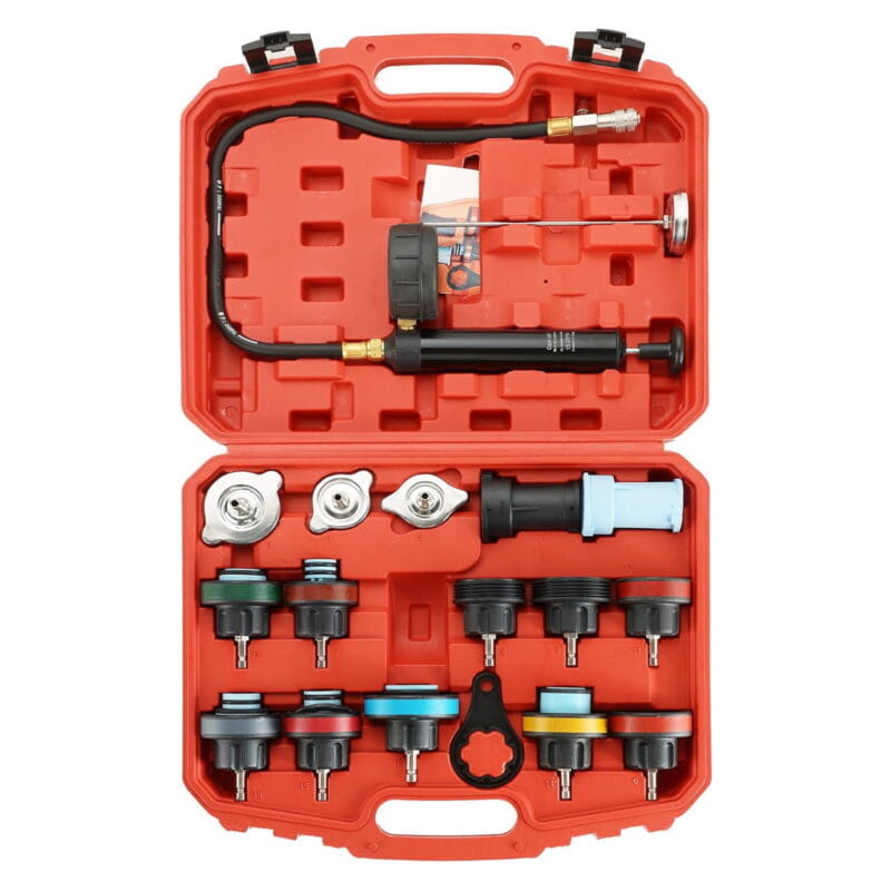 Maletín abierto del kit probador de presión de radiador de 18 piezas con bomba manual, termómetro y adaptadores universales a color