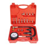 Estuche rojo con kit probador de compresion diesel, incluye manometro de 1000 PSI, manguera hidraulica y adaptadores a 90 grados para inyectores