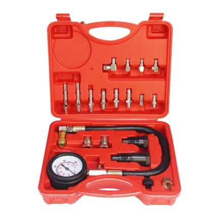 Estuche rojo con kit probador de compresion diesel, incluye manometro de 1000 PSI, manguera hidraulica y adaptadores a 90 grados para inyectores