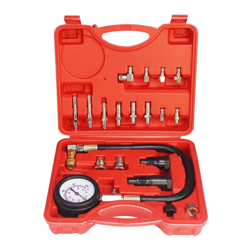Estuche rojo con kit probador de compresion diesel, incluye manometro de 1000 PSI, manguera hidraulica y adaptadores a 90 grados para inyectores