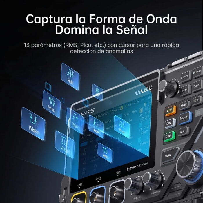 Interfaz gráfica del osciloscopio de sobremesa FNIRSI 2D15P mostrando la función de captura de forma de onda y el análisis de 13 parámetros simultáneos, como RMS y Pico, para la rápida detección de anomalías en la señal