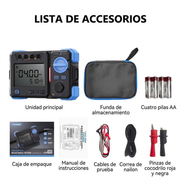 Lista de accesorios incluidos con el probador de resistencia de aislamiento FNIRSI: unidad principal, cables de prueba, pinzas de cocodrilo y funda de almacenamiento