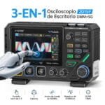 Osciloscopio de escritorio 3 en 1 FNIRSI 2D15P con multímetro y generador de señales integrado (DMM+SG), destacando su pantalla táctil de 4.3 pulgadas, 2 canales y ancho de banda de 100MHz