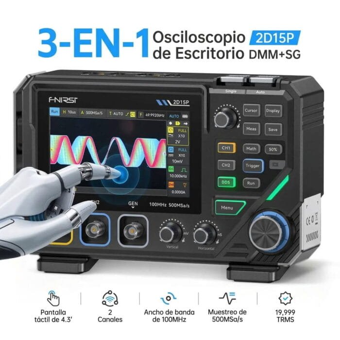 Osciloscopio de escritorio 3 en 1 FNIRSI 2D15P con multímetro y generador de señales integrado (DMM+SG), destacando su pantalla táctil de 4.3 pulgadas, 2 canales y ancho de banda de 100MHz
