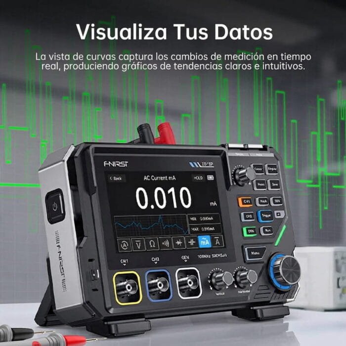 Osciloscopio de escritorio FNIRSI 2D15P mostrando la función de visualización de datos en su pantalla, destacando la vista de curvas que captura cambios de medición en tiempo real mediante gráficos de tendencias